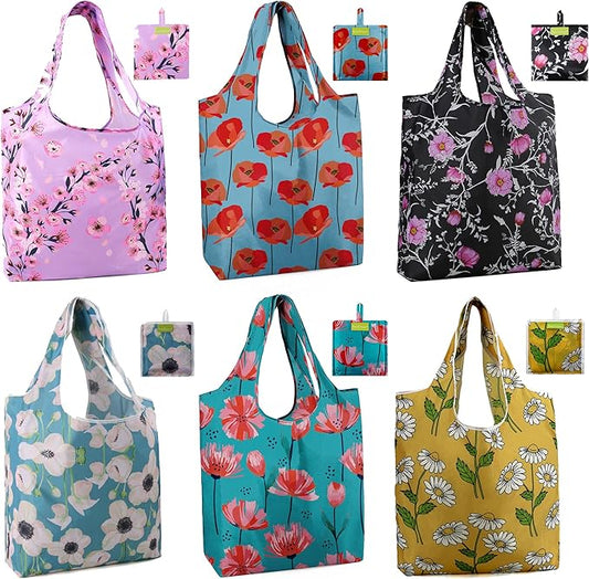 BeeGreen Reusable Grocery Bags 6 Pack, Heavy Duty Totes for Women, Foldable Grocery Bag Large Shopping Totes with Handles for Work, Travel, Gift, Store, Polyester Washable Reusable Tote Bag-NeatNest