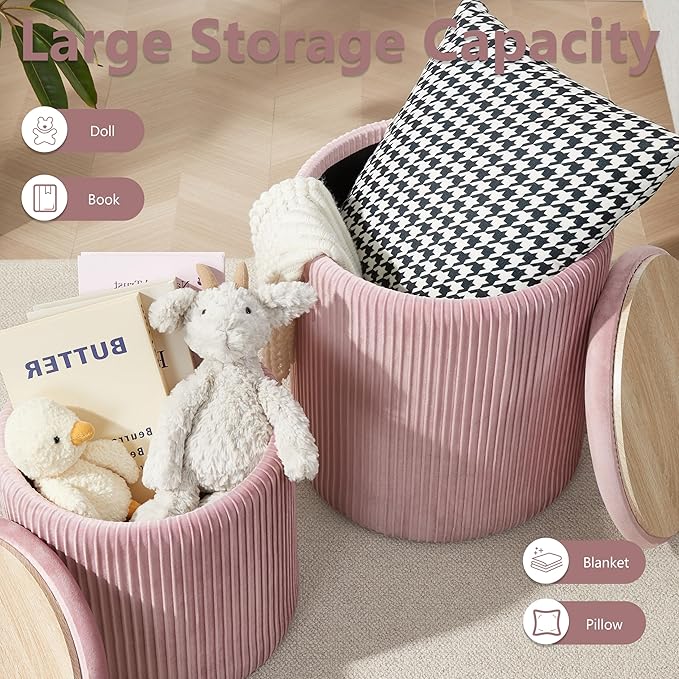 Round Ottoman with Storage Set of 2,Vanity Stool with Storage for Bedroom, Ottoman Coffee Table,Small Velvet Foot Stool for Living Room, Pink