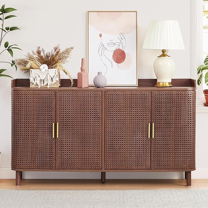 4 Doors Storage Cabinet, 2 Tier Wooden Storage Organizer Cabinet with Adjustable Shelf, Sideboard Buffet Cabinets with Iron Curved Doors Accent Shoe Rack for Entryway Hallway Living Room (Walnut)-NeatNest