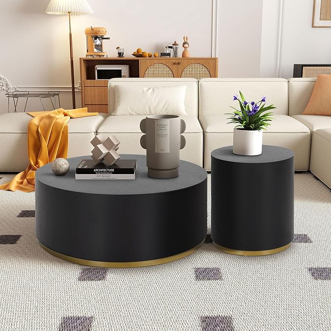 kevinplus Black Round Coffee Table Side End Table Set of 2 for Living Room, Modern Contemporary Circle Drum Style, Gold Rim Bottom, No Assembly (Black, 2-Pcs)
