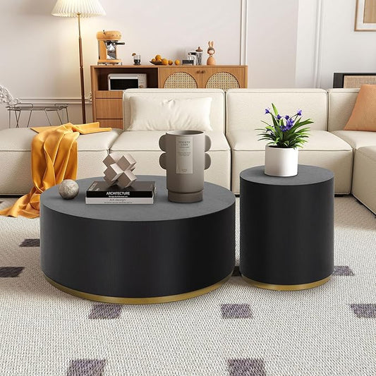 kevinplus Black Round Coffee Table Side End Table Set of 2 for Living Room, Modern Contemporary Circle Drum Style, Gold Rim Bottom, No Assembly (Black, 2-Pcs)