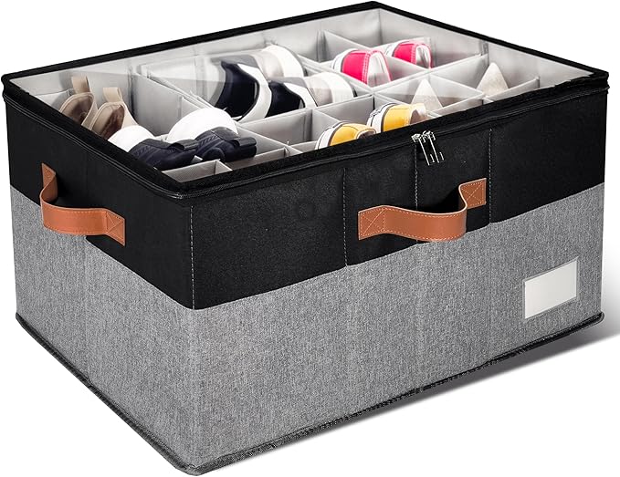 1 Pack Shoe Organizer for Closet, Adjustable Shoe Box Storage Containers, Large Foldable Shoe Bins with Clear Cover, Space Saving Shoes Holder with 4 Handles, Fits 12-24 Pairs, Black-NeatNest
