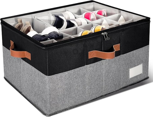1 Pack Shoe Organizer for Closet, Adjustable Shoe Box Storage Containers, Large Foldable Shoe Bins with Clear Cover, Space Saving Shoes Holder with 4 Handles, Fits 12-24 Pairs, Black-NeatNest