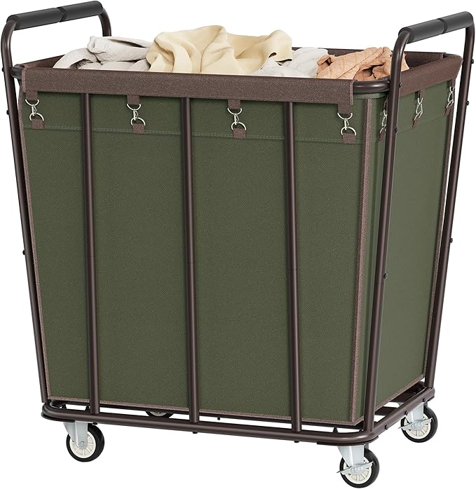 Hoctieon Large Laundry Cart with Wheels, 400L Heavy Duty Laundry Basket Organizer, Rolling Hamper Sorter for Clothes Storage, Industrial Dirty Clothes Hamper for Home & Hotel, Green+Brown-NeatNest