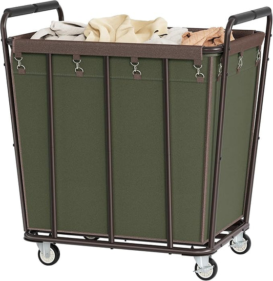 Hoctieon Large Laundry Cart with Wheels, 400L Heavy Duty Laundry Basket Organizer, Rolling Hamper Sorter for Clothes Storage, Industrial Dirty Clothes Hamper for Home & Hotel, Green+Brown-NeatNest
