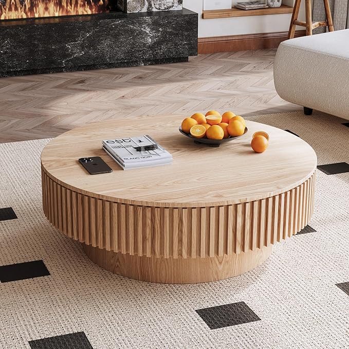 kevinplus 39.37'' Round Coffee Table Modern Wood Circle Fluted Drum Pedestal Coffee Table with Storage Space for Living Room, Easy Assembly, Wood