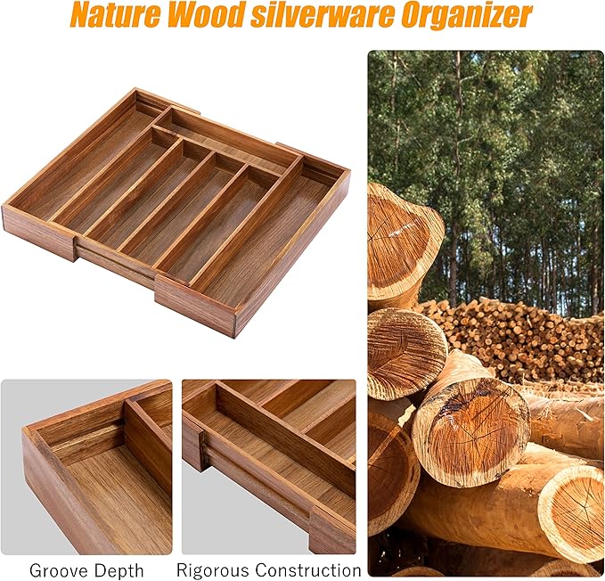 Bellsal Acacia Silverware Organizer Kitchen Drawer Organizer Expandable Bamboo Utensil Holder Cutlery Tray for Kitchen Utensil and Flatware Bedroom Office-NeatNest