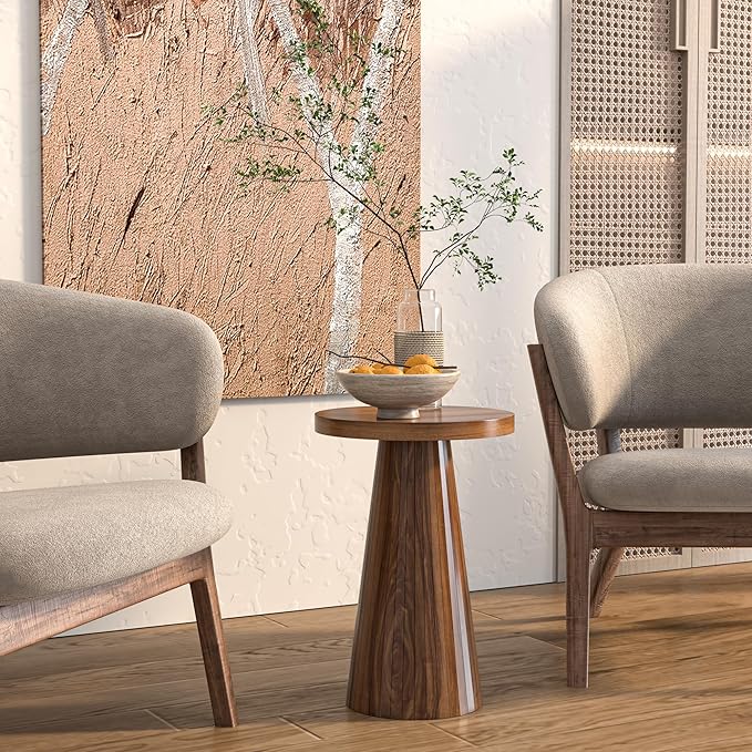 Round Fluted Accent End Table, Pedestal Side Small for Living Room, Mid Century Modern Night Stand, Wood Nightstands for Bedroom (Big Walnut)