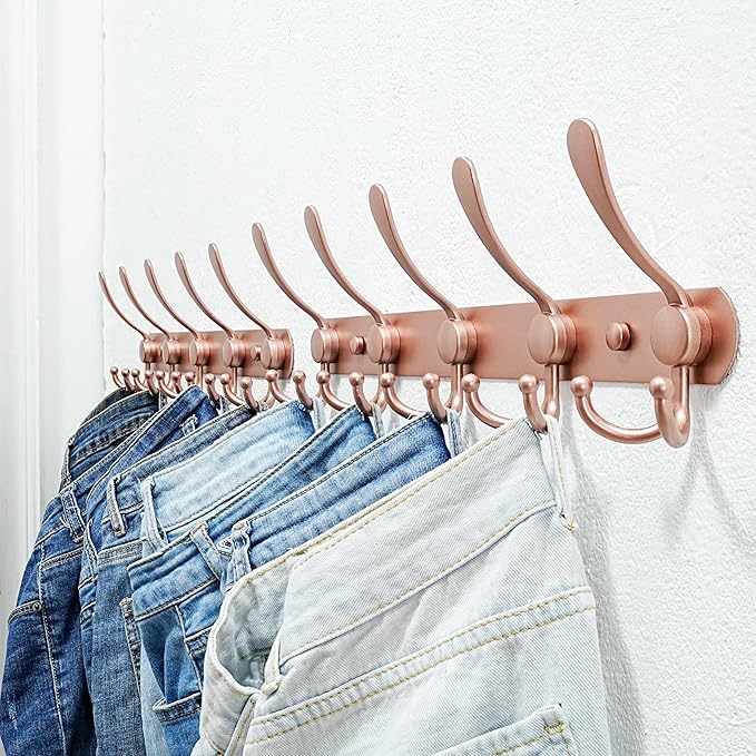 Dseap Coat Rack Wall Mounted - 5 Tri Hooks, Heavy Duty, Stainless Steel, Metal Coat Hook Rail for Coat Hat Towel Purse Robes Mudroom Bathroom Entryway, Rose Gold-NeatNest