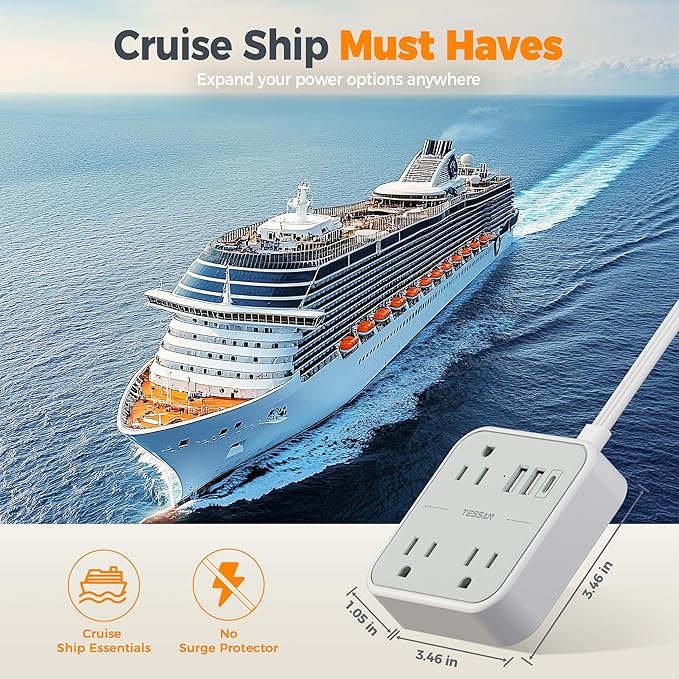 Cruise Essentials, TESSAN Flat Plug Travel Power Strip, Non Surge Protector for Cruise Ship, 3 Outlets 3 USB (1 USB C), 5 FT Extension Cord Small Power Strip with Ring Pull, Portable for Travel-NeatNest