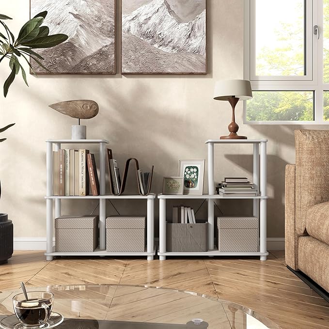 HOMES: Inside + Out Apexa Modern 3-Cube Ladder Shelving Units, Collectibles Display Shelves, Easy Assembly Standing Shelf, Home Storage Organizer for Living Room, Bedroom, Office, Taupe Grey