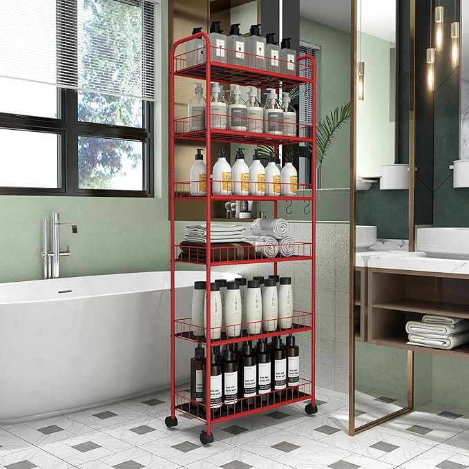 6-Tier Storage Cart Wire Slim Shelving Shelf with Wheels for Small Spaces, Rolling Tall Organizer Storage for Bathroom, Kitchen, Home, Garage, Bedroom, Closet (Red, 10“D)