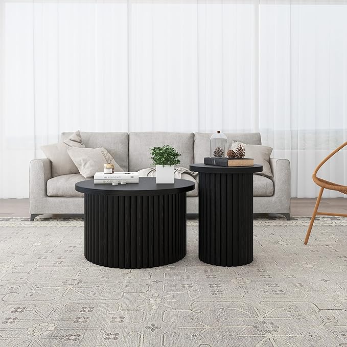 Nesting Round Coffee Table Set of 2,Modern Side Tables Accent End Table for Living Room, Apartment, Black