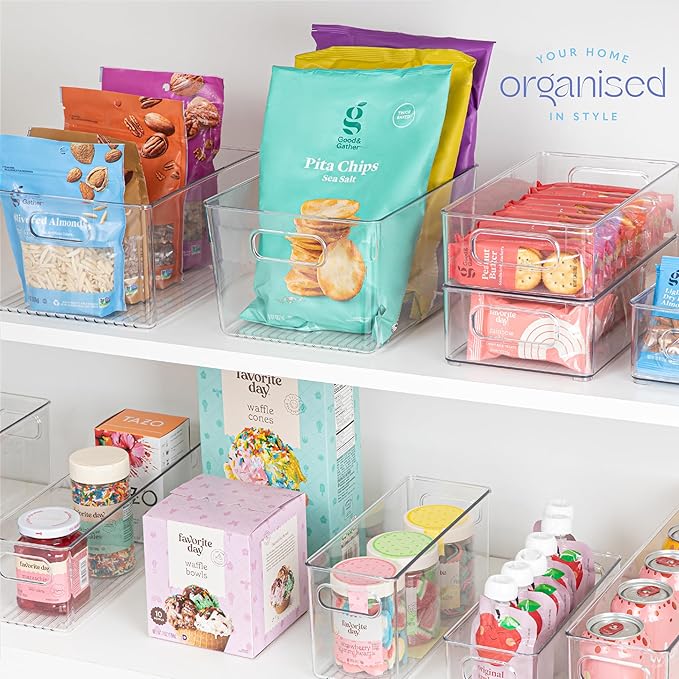 Clear Plastic 4 Pack Storage Container Bin with Integrated Easy Grip Handles. For Kitchen, Fridge, Freezer, Cabinet, Pantry, Bathroom Organization. 10"x4"x5"-NeatNest