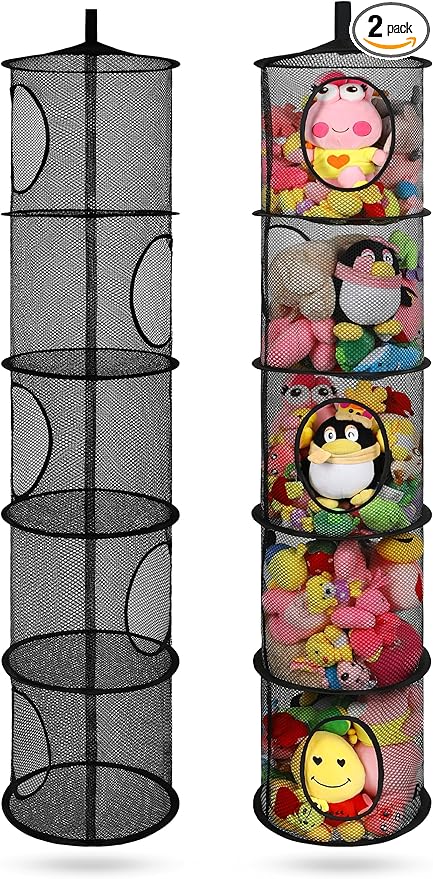 2Pcs Stuffed Animal Storage Foldable Stuffed Animal Net or Hammock Organizer, 5 Compartments Hanging Mesh Toy Storage Hammock for Kid Room Toys, Gloves, Hats, Socks, Black-NeatNest