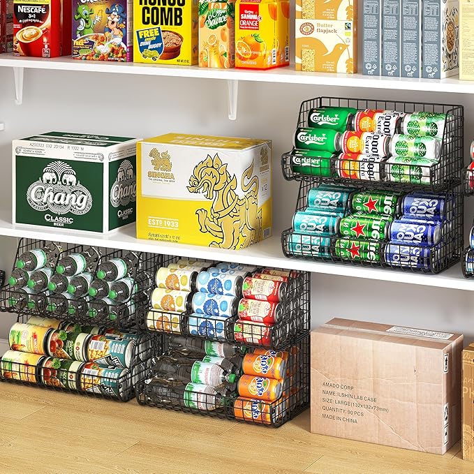 2-Tier Stackable Can Organizer for Pantry Shelves, 2 Pack Soda Can Organizer with 4 Adjustable Dividers, Kitchen Can Storage Organizer, Wire Drink Organizer, Metal Can Dispenser for Cabinets Shelf-NeatNest