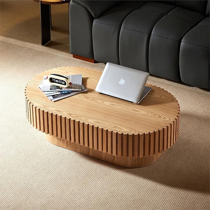 KEVINSPACE Oval Coffee Table 43.7" Wood CoffeeTable for Living Room Drum ModernCoffeeTable TeaTable Wooden Coffee Tables PedestalCoffeeTable Home Furniture Office Apartment Wood