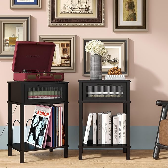 End Table with Record Player Stand, Side Table with Storage, 2-Tier Nightstand with Drawer and Record Holder, Modern Black Bedside Table for Living Room Bedroom MLBZ18B
