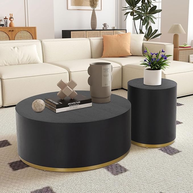 kevinplus Black Round Coffee Table Side End Table Set of 2 for Living Room, Modern Contemporary Circle Drum Style, Gold Rim Bottom, No Assembly (Black, 2-Pcs)
