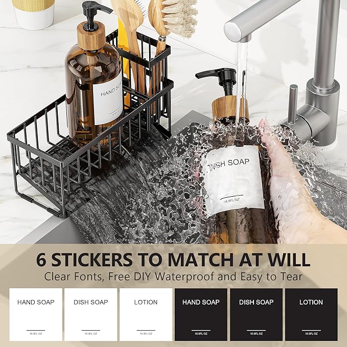 Cisily Kitchen Dish Soap Dispenser Set with 2 Pack Amber Glass, Kitchen Soap Dispensers with Adjustable Black Sink Caddy, Vintage Kitchen Soap Dispenser Set, Hand and Dish Soap Dispensers Set-NeatNest