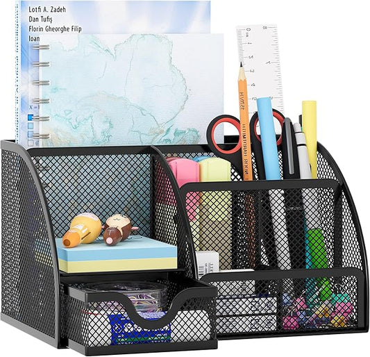 EasyPAG Mesh Desk Organizer, Multi-functional Stationery Organizer for School Supplies, Office Pen Holder for Desk, 6 Compartments Dorm Organization with Drawer, Black