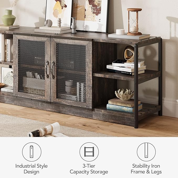 CABIHOME Farmhouse TV Stand for 65/75 inches TVs, Entertainment Center with Storage Cabinet and Mesh Doors, Industrial Media Console Cabinet Table, Living Room Media Furniture, Oak-NeatNest