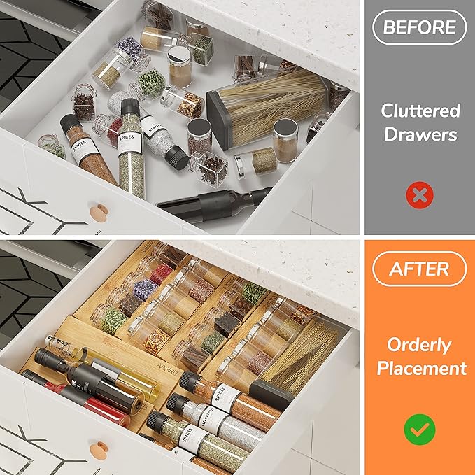 AMBIRD Bamboo Spice Drawer Organizer with Non-slip Mat,4 Tier - 2 Set Jar Spice Rack Tray From 12''to 24'',Hold up 48 Jars Seasoning Organizer for Kitchen,Cabinet,Drawers,Countertop-NeatNest