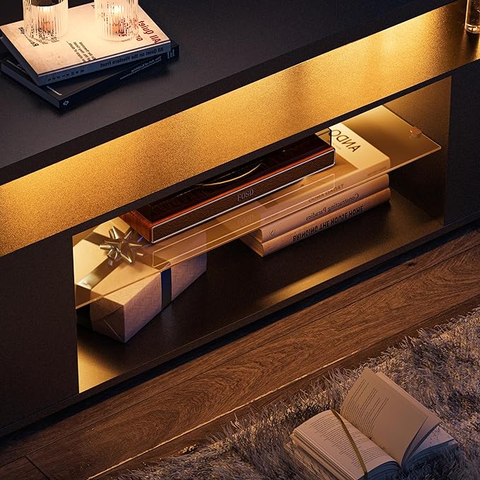 Black TV Stand,Glass TV Stands for Living Room,TV Stand for 75+ inch TV,Long TV Cabinet for Living Room,Bedroom,Home Office-NeatNest