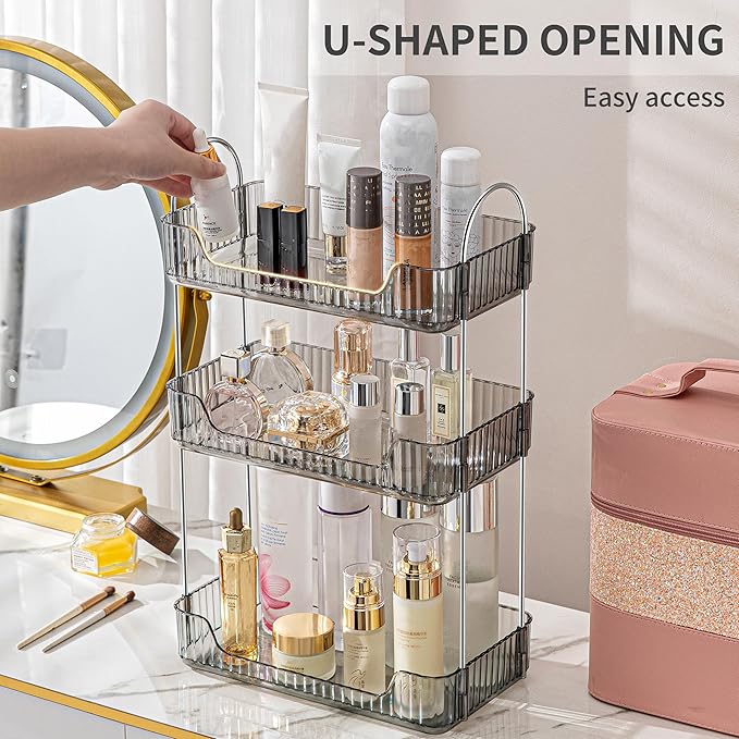 Bathroom Organizer Countertop, Vanity Trays for Bathroom, Skincare Makeup Organizer Tray, Vanity Organizer, Bathroom Counter Organizer for Cosmetics, Toiletries, Lotions, Perfumes (3 Tiers, Grey)-NeatNest