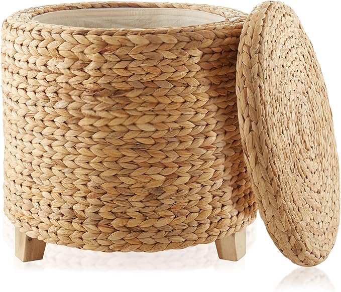 Casafield 17" Round Storage Ottoman with Lid - Natural, Handwoven Water Hyacinth Footstool for Living Room, Bedroom, Bathroom, Home Office-NeatNest
