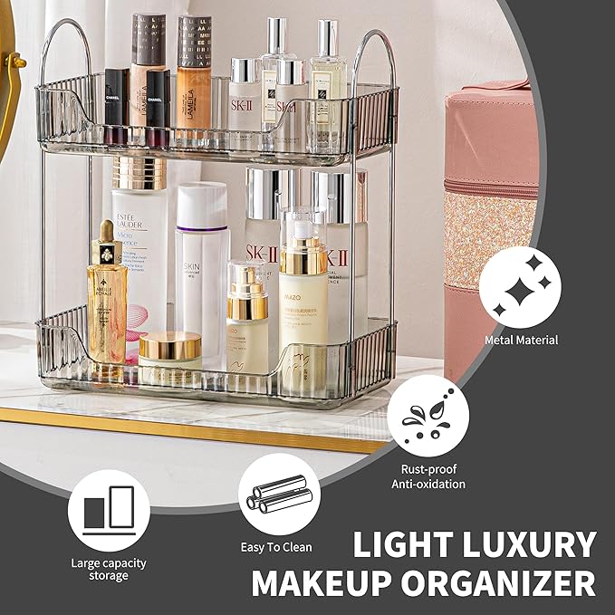2 Tier Bathroom Organizer Countertop Makeup Perfume Tray Skincare Organizer for Bathroom Dresser Vanity (Grey)-NeatNest