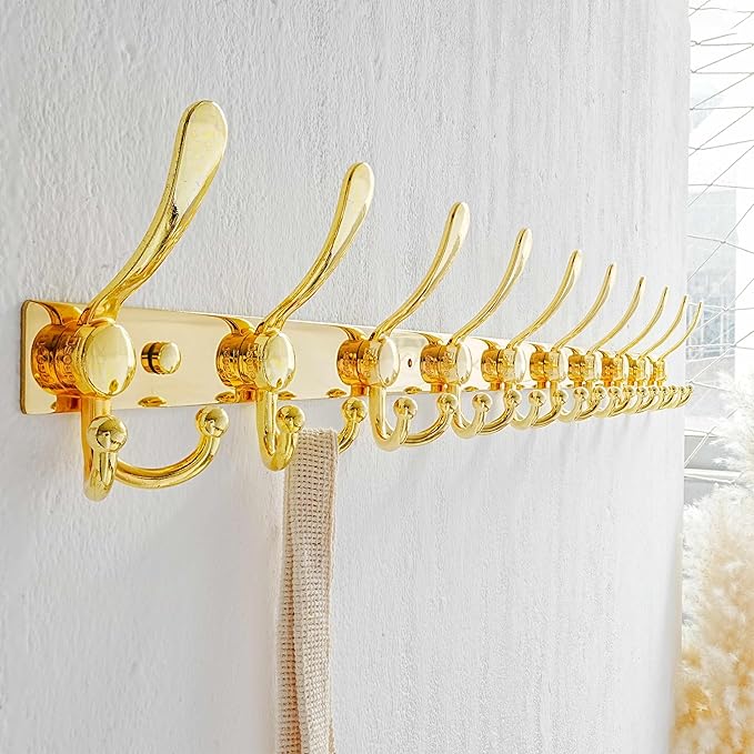 Dseap MaxStrong 2.0 Coat Rack Wall - 37” Long 10 Tri Hooks - Ultra Heavy-Duty Stainless Steel Wall Mount Coat Hanger, Hook Rail for Clothes Hats Jacket Towels Gold
