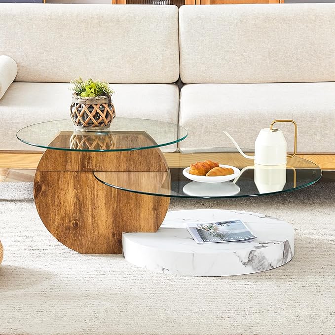 Glass Coffee Tables Round Coffee Tables for Living Room Modern 3 Tier Round Table Circle Coffee Table for Small Space Home Office (42 Inch White + Wood)
