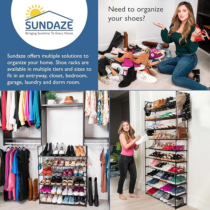 Sundaze Shoe Rack - 10 Tier Metal Shoe Rack for Front Door Entrance, Sturdy Tall Shoe Organizer for Closet, Bedroom, Entryway, Garage, Black Metal Shoe Shelf, Holds Up to 50 Pairs-NeatNest