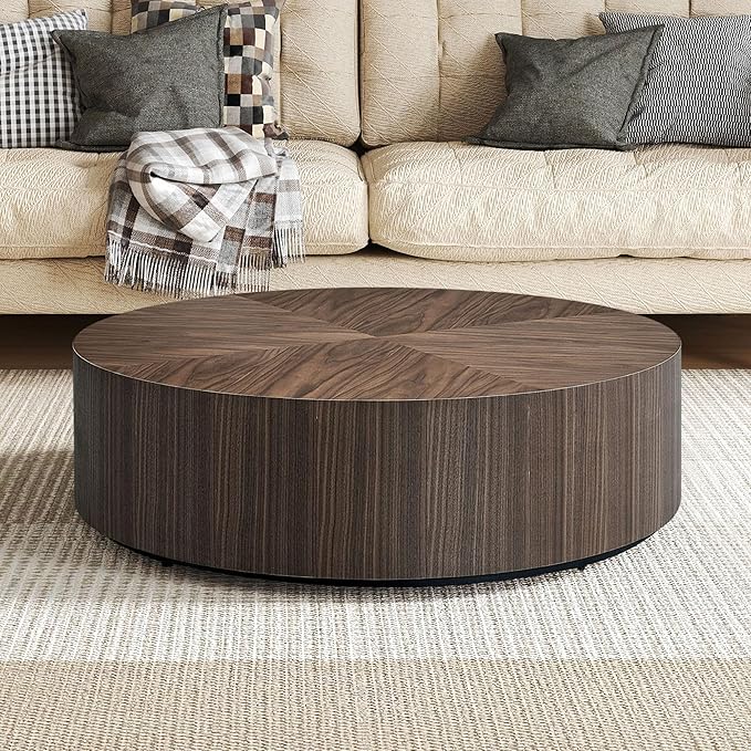 35.43" Round Coffee Table, Modern Drum Coffee Table Wood Side Table Accent End Table Circle Center Table for Living Room Apartment, No Need Assembly, Walnut