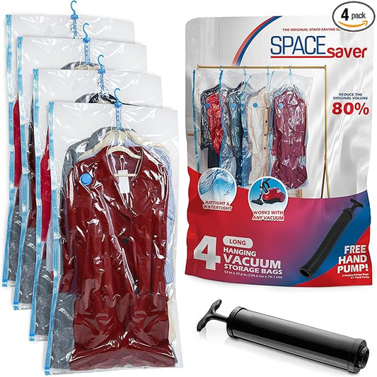 Spacesaver Hanging Vacuum Storage Bags (Pack of 4) - Vacuum Sealer Bags, Closet Organizer, Sealed Storage, Space Bag - Blanket, Bedding, Garment, Clothing, Dress, Suit, Long Coat, Jacket