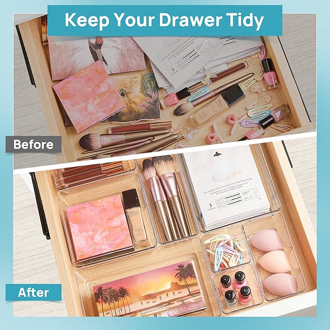 Vtopmart 25 PCS Clear Plastic Drawer Organizers Set, 4-Size Versatile Bathroom and Vanity Drawer Organizer Trays, Storage Bins for Makeup, Bedroom, Kitchen Gadgets Utensils and Office-NeatNest
