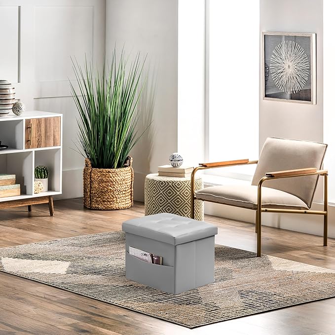 AmasSmile Storage Ottoman Folding Foot Rest Stool with Side Pocket, 16 inch Leather Footstool Bench, Short Ottoman Bench, Storage Foot Rest Store, Books, Grey-NeatNest