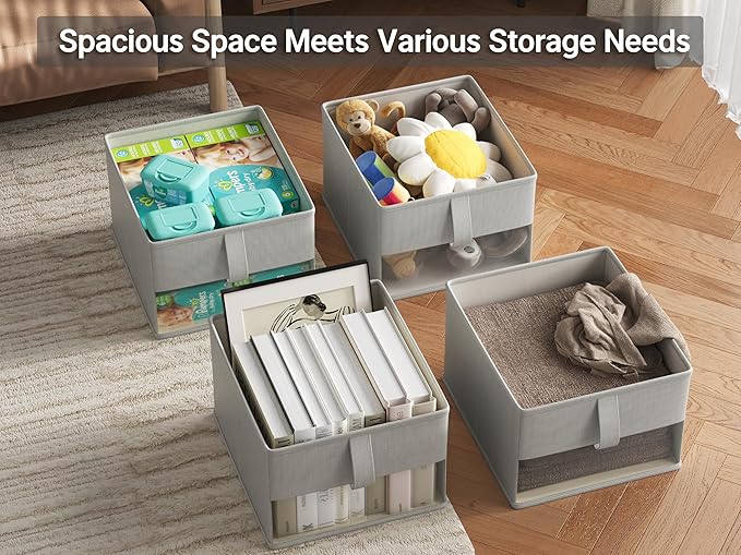Vailando Foldable Storage Bins with Clear Window, Fabric Organizer for Closet, Shelves & Cubes - Breathable, Odor-Free Storage Boxes for Towels, Clothes, Toys, Books - 16.25 * 12 * 10in, Gray, 3-Pack-NeatNest