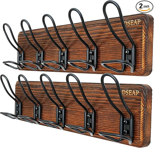 Dseap Coat Rack Wall Mounted - Heavy Duty Farmhouse Rustic Wall Coat Hanger With 5 Wire Hooks for Clothes Hat Jacket Towel, RusticWire, G25A, Rustic Brown & Black, Pack of 2-NeatNest