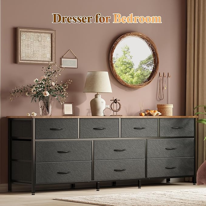 Huuger 63 Inch Dresser for Bedroom, Long Dresser with 10 Fabric Drawers, TV Stand for 55, 65, 70 Inch TV, Toy Storage Organizer for Closet, Rustic Brown and Black-NeatNest
