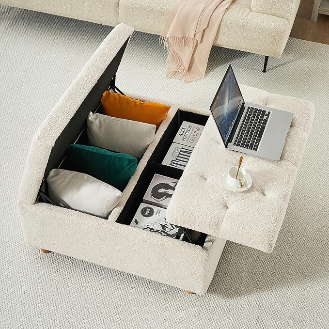 GAOMON Sherpa Storage Ottoman Coffee Table with Lift Top, Sherpa Fabric Tufted Upholstered Ottoman with Storage, Large Square Storage Ottoman Bench for Bedroom Living Room(Sherpa, White)