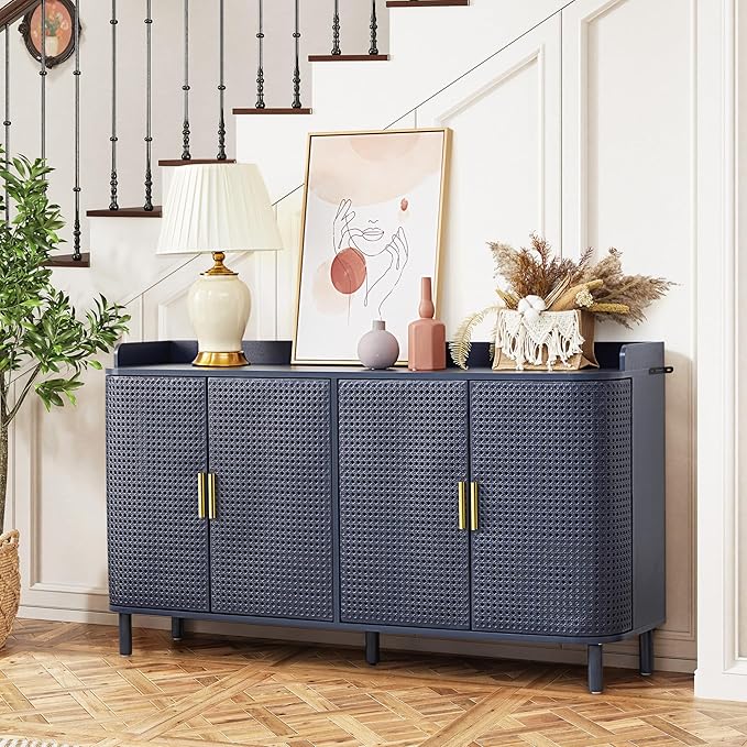 4 Doors Storage Cabinet, 2 Tier Wooden Storage Organizer Cabinet with Adjustable Shelf, Sideboard Buffet Cabinets with Iron Curved Doors Accent Shoe Rack for Entryway Hallway Living Room (Blue)-NeatNest