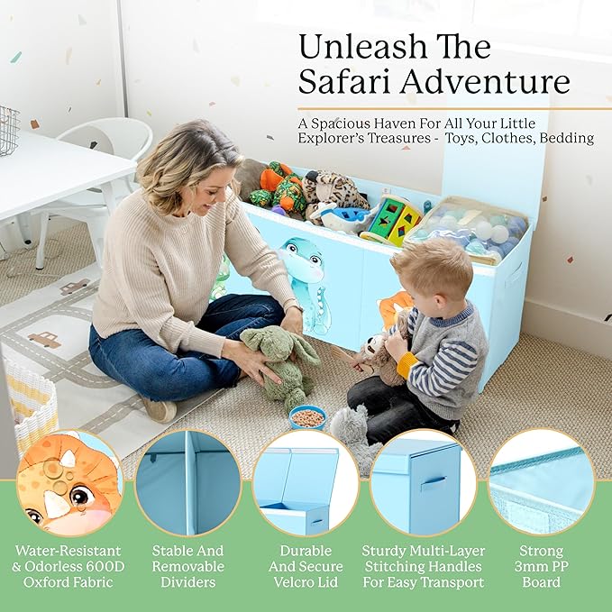 Extra Large Dinosaur Toy Box – 40"x13.5"x16.5" Collapsible Toy Chest with Dividers & Lid for Boys and Girls, Sturdy Kids Toy Organizer Bin for Nursery, Playroom, Bedroom, Stuffed Animal Storage