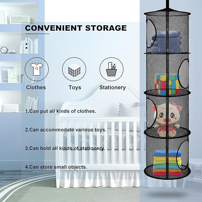 Hanging Stuffed Animal Storage, Foldable Corner Stuffed Animal Storage Organizer 4 Compartments Toy Storage Organizer for Kid Room Toys, Gloves,Hats,Socks Storage（Black）-NeatNest
