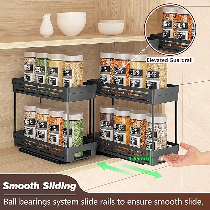 2 Pack Pull Out Spice Rack Organizer for Cabinet, 2Tier Slide Out Spice Racks Organizer, Spice Cabinet Organizers, Cabinet Size Need:12'' Highx11'' Deepx5'' Wide, Upgraded-Black-NeatNest