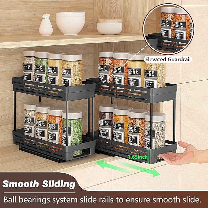 2 Pack Pull Out Spice Rack Organizer for Cabinet, Slide Out Spice Racks Organizer, Spice Cabinet Organizers, Cabinet Size Need:12'' Highx11'' Deepx5'' Wide,Hold 10 Spice Jar Each Tier-2Tier, Black-NeatNest