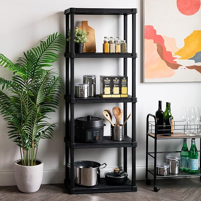 IRIS USA 5-Shelf Light Duty Plastic Storage Shelves, 250lb Capacity, 64"H x 24"W x 12"D, Medium Modular Shelving Unit Storage Organizer for Bathroom, Laundry, Garage & Home, Storage Rack - Black