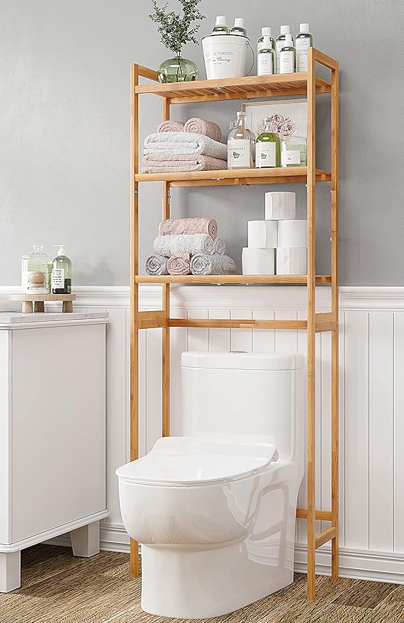 AMBIRD Over The Toilet Storage, 3-Tier Bathroom Organizer Over Toilet with Sturdy Bamboo Shelves,Multifunctional Toilet Shelf,Easy to Assemble and Saver Space, 25 * 10 * 64 Inches (Original Color)