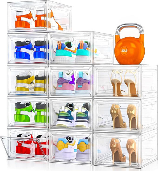 12 Pack Clear Shoe Storage Organizer with Magnetic Door,Stackable Plastic Shoe Boxes for Sneakers,Boots,and Heels,Space-Saving Foldable Shoe Rack for Closet,Durable Shoe Cabinet Organizer,White-NeatNest